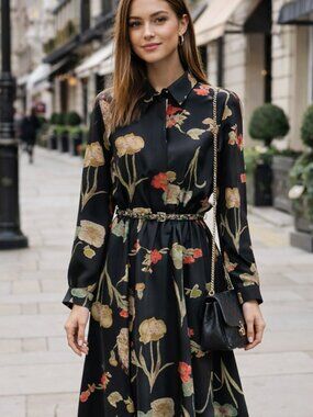 Beautiful vintage black and floral midi shirt dress by Randy Pantel